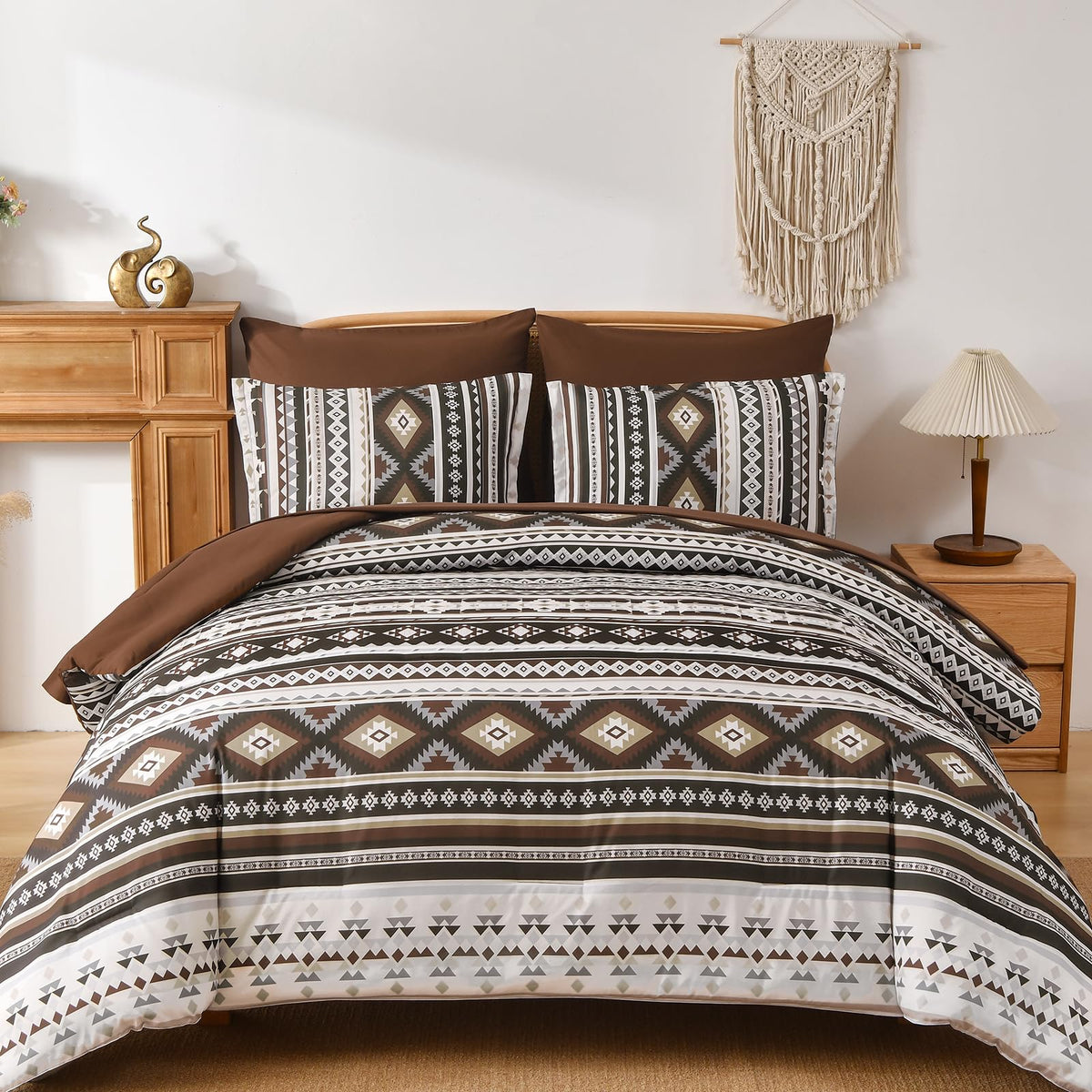 Dinjoy Drak Brown Boho Comforter Set Queen Size,7 Pieces Bed in a Bag Queen Coffee Aztec Bedding with Sheets Bohemian Geometric Striped Complete Set for Fall Winter 90"×90"
