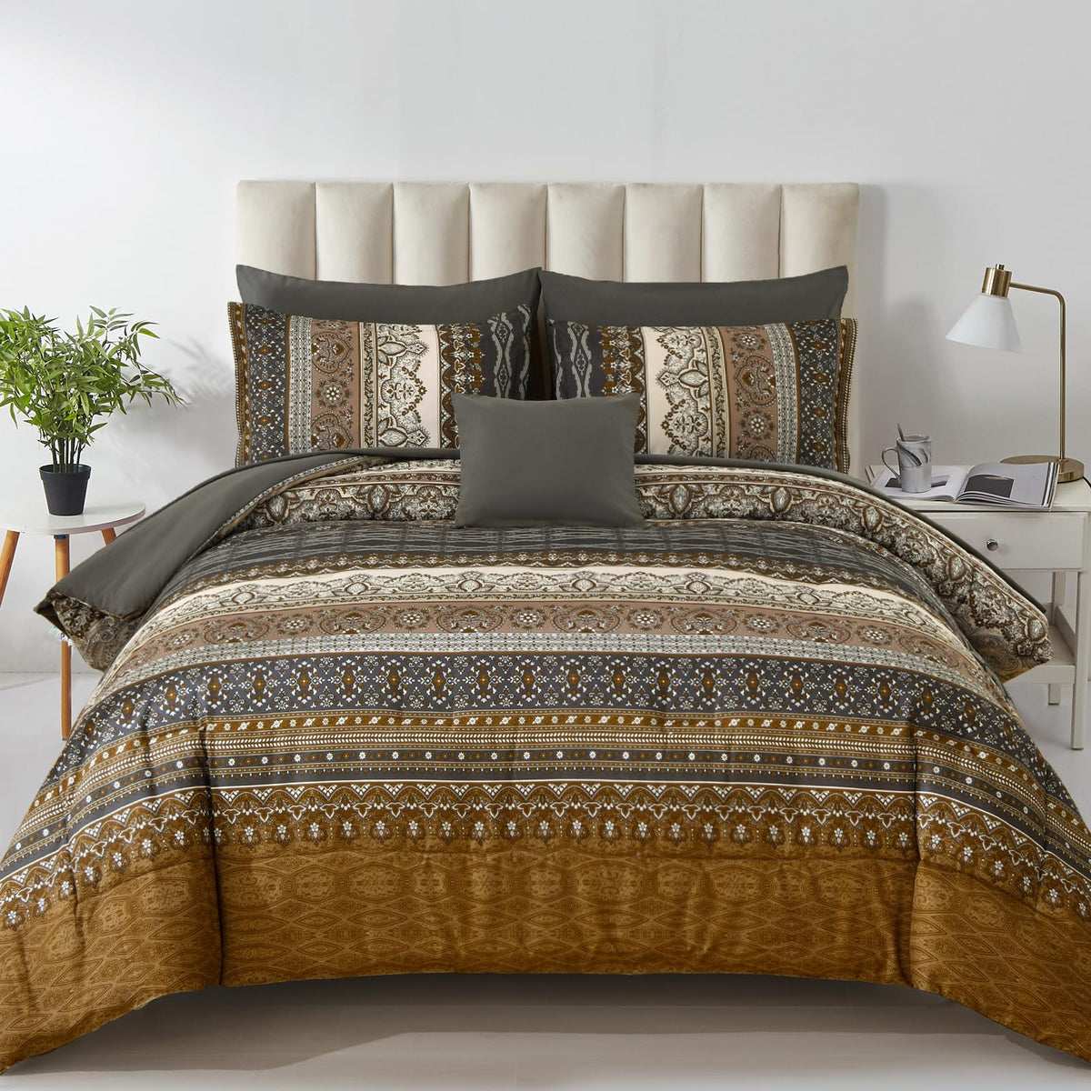 Cottolester Boho Comforter Set King Size 8 Pieces, Teal Blue Comforter Bohemian Striped Bed in A Bag, Soft Microfiber Bedding Set for All Seasons