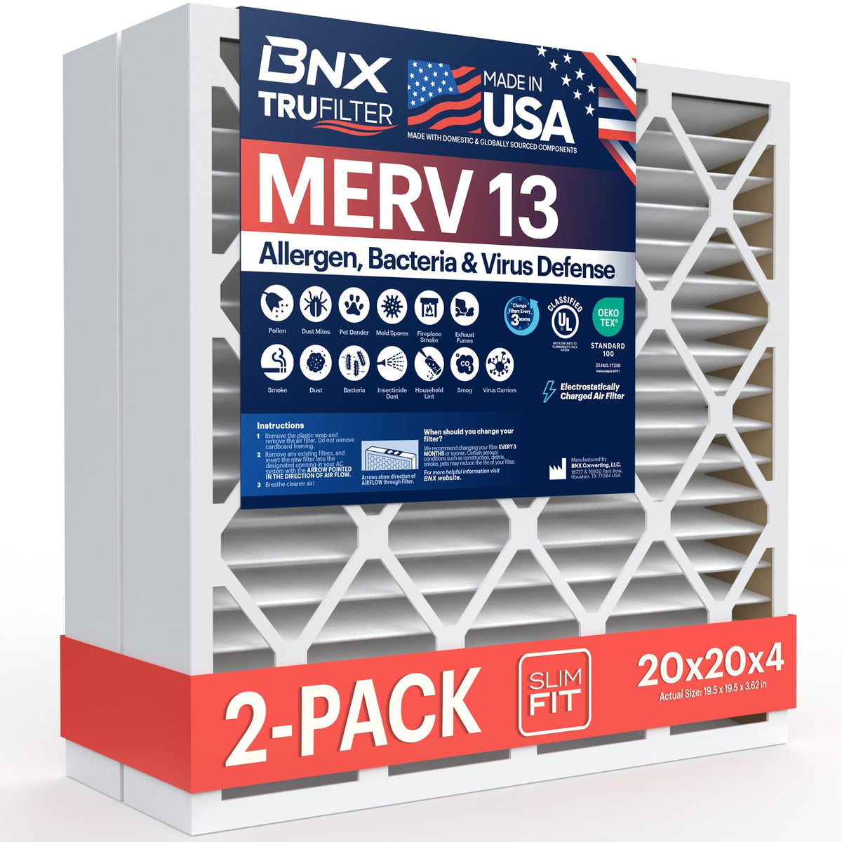 BNX TruFilter 20x20x1 Air Filter MERV 13 (6-Pack) - MADE IN USA - Electrostatic Pleated Air Conditioner HVAC AC Furnace Filters for Allergies, Pollen, Mold, Bacteria, Smoke, Allergen, MPR 1900 FPR 10