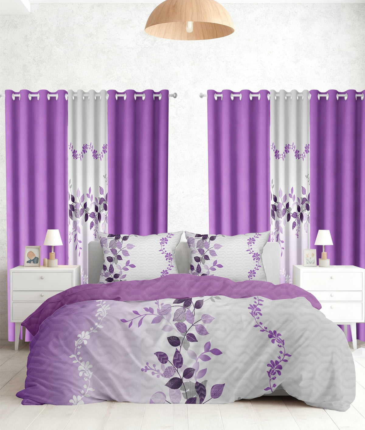 9 Pcs Queen Bed in A Bag with Curtains, Blue Floral Bedspread, 2 Pillowcases, 2 Print & 4 Solid Curtains, Microfiber, Silky Soft, Bedroom