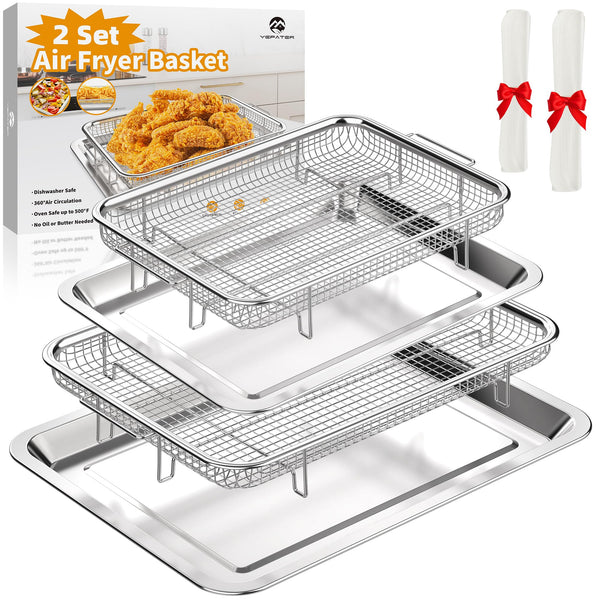 Air Fryer Basket for Oven, 3 Set Stainless Steel Oven Air Fryer Basket and Tray with 90 PCS Parchment Papers,YEPATER Air Fryer Pan and Crisper Tray for Baking Grilling Cooking and Frying