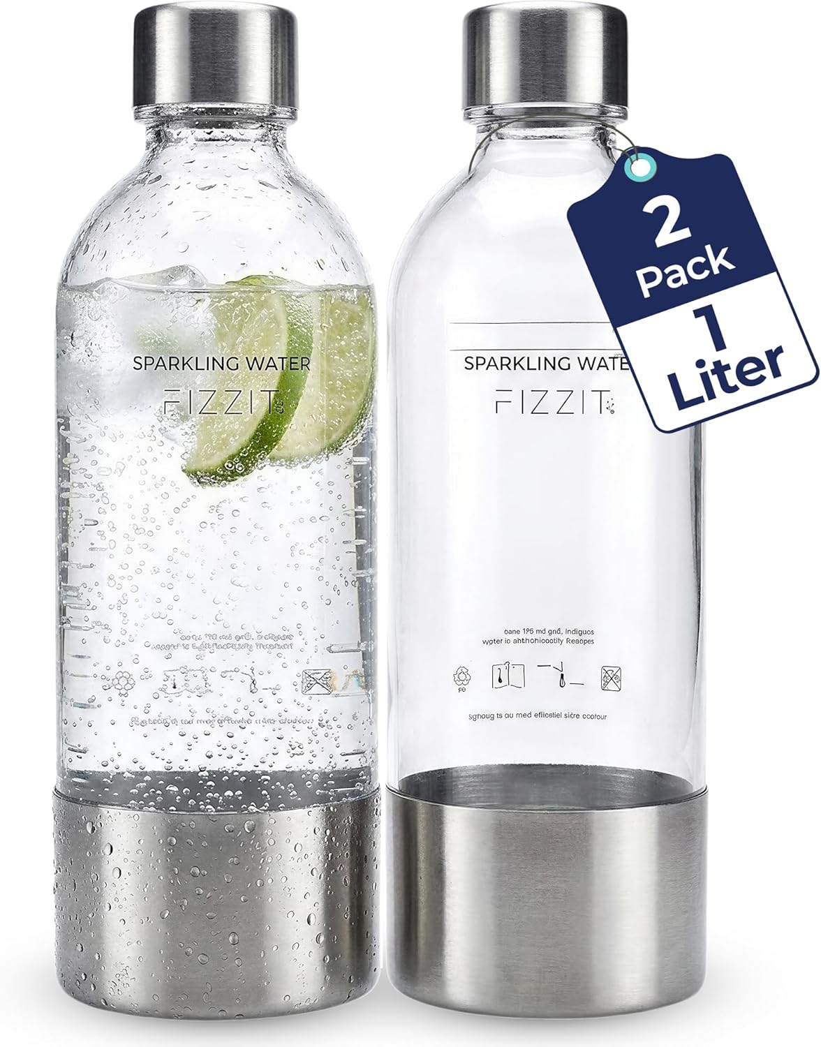 FIZZIT 1L Plastic Carbonating Bottles 2 Pack – Compatible with SodaStream, Terra Art, Aarke & Philips Soda Maker – BPA Free Reusable Sparkling Water Bottle, Replacement with Stainless Steel Base & Cap