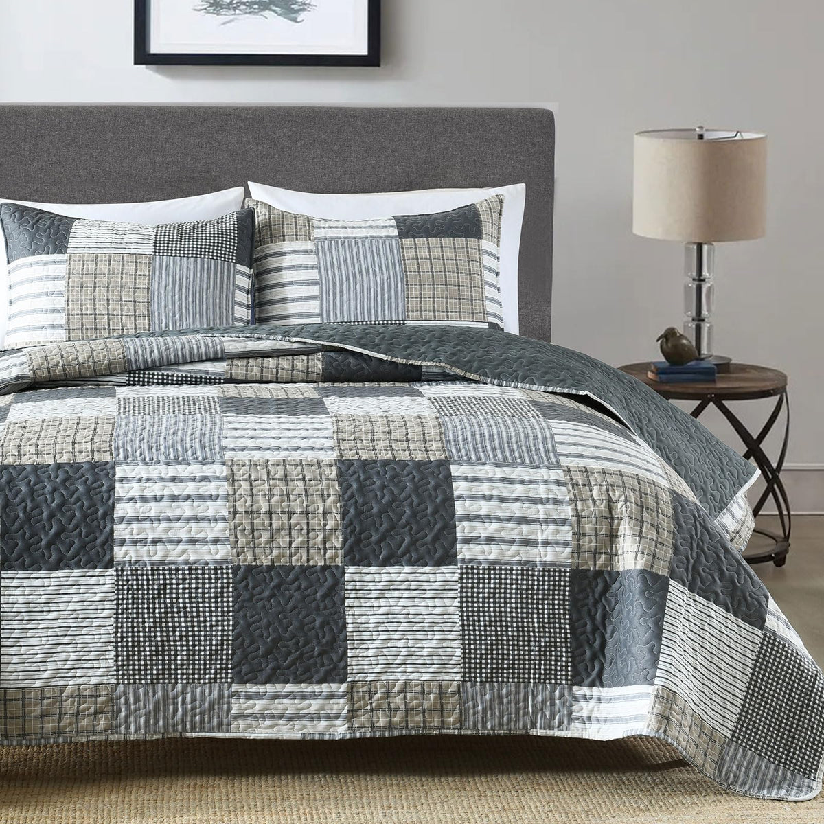 Boryard 3-Piece Patchwork King Quilt Set, Lightweight Soft Bedspread Gray Coverlet (104x90 inches) Spring Bedding Set with 2 Pillow Shams, Grey Plaid
