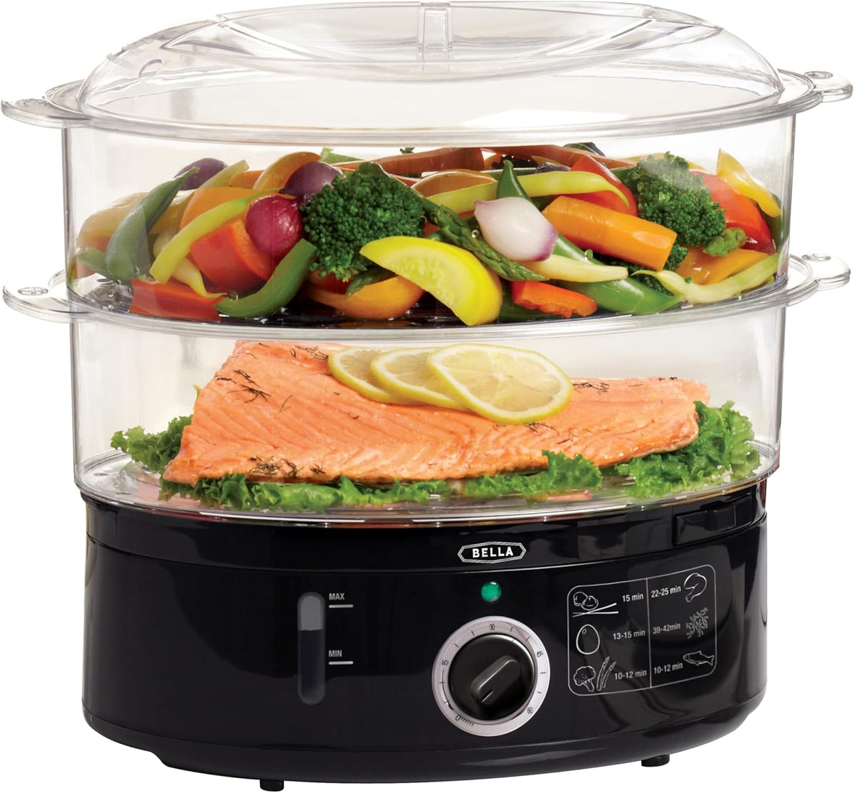 Bella Two Tier Food Steamer with Dishwasher Safe Lids and Stackable Baskets & Removable Base for Fast Simultaneous Cooking - Auto Shutoff & Boil Dry Protection, Stainless Steel, 7.4 QT, Black