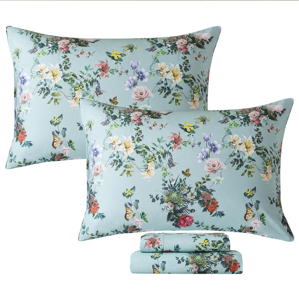 FADFAY Duvet Cover Set King/Cal King Floral Bedding Percale Cotton 600 TC Classical Toile Luxury Reversible Light Blue Shabby Vintage Farmhouse Minimalist Chic Comforter Cover Soft Breathable 3Pcs