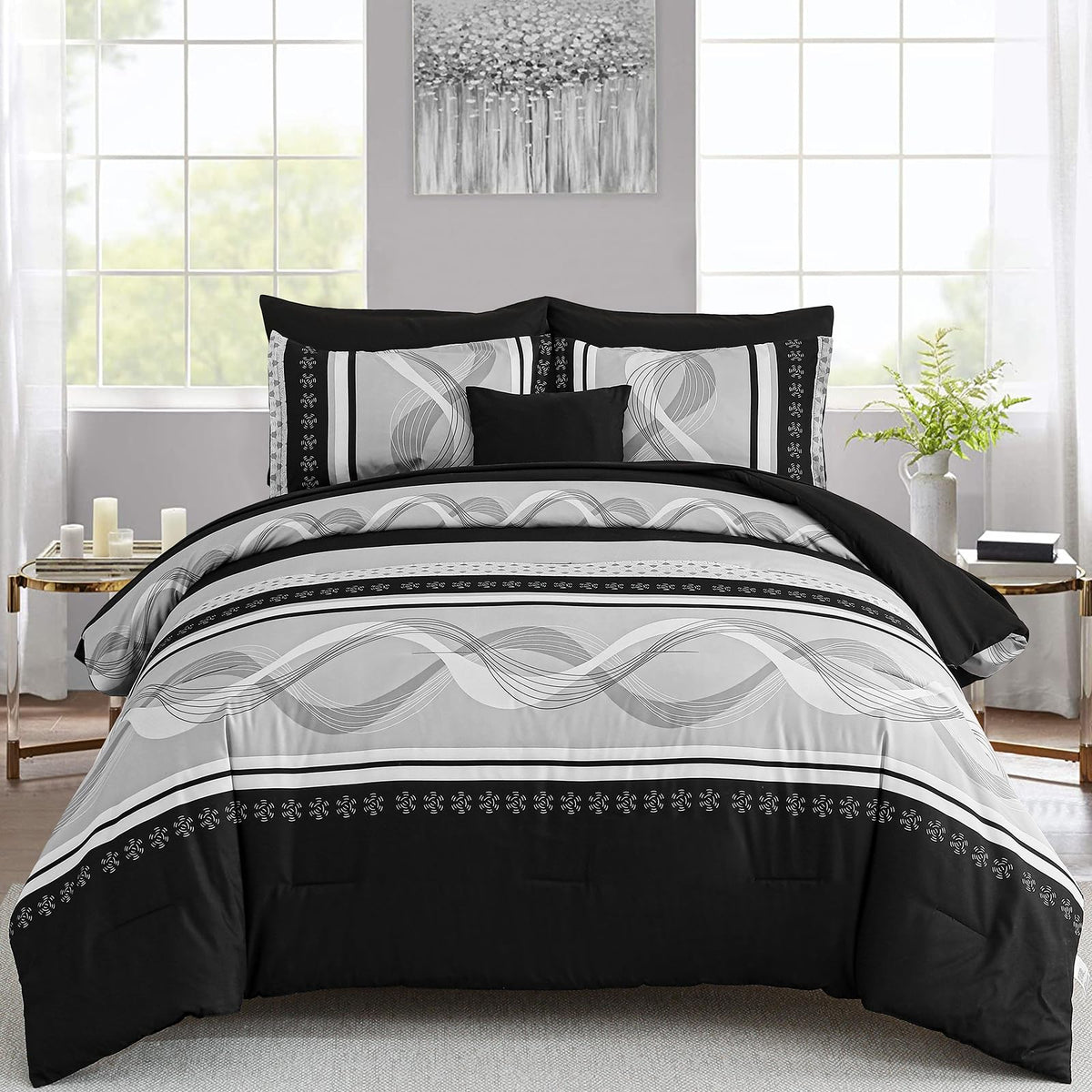 Anibedding Comforter Set California King Size,Blue Yellow Stripe Striped Bed in a Bag, Soft Microfiber Bedding Set for All Season(104"x96")