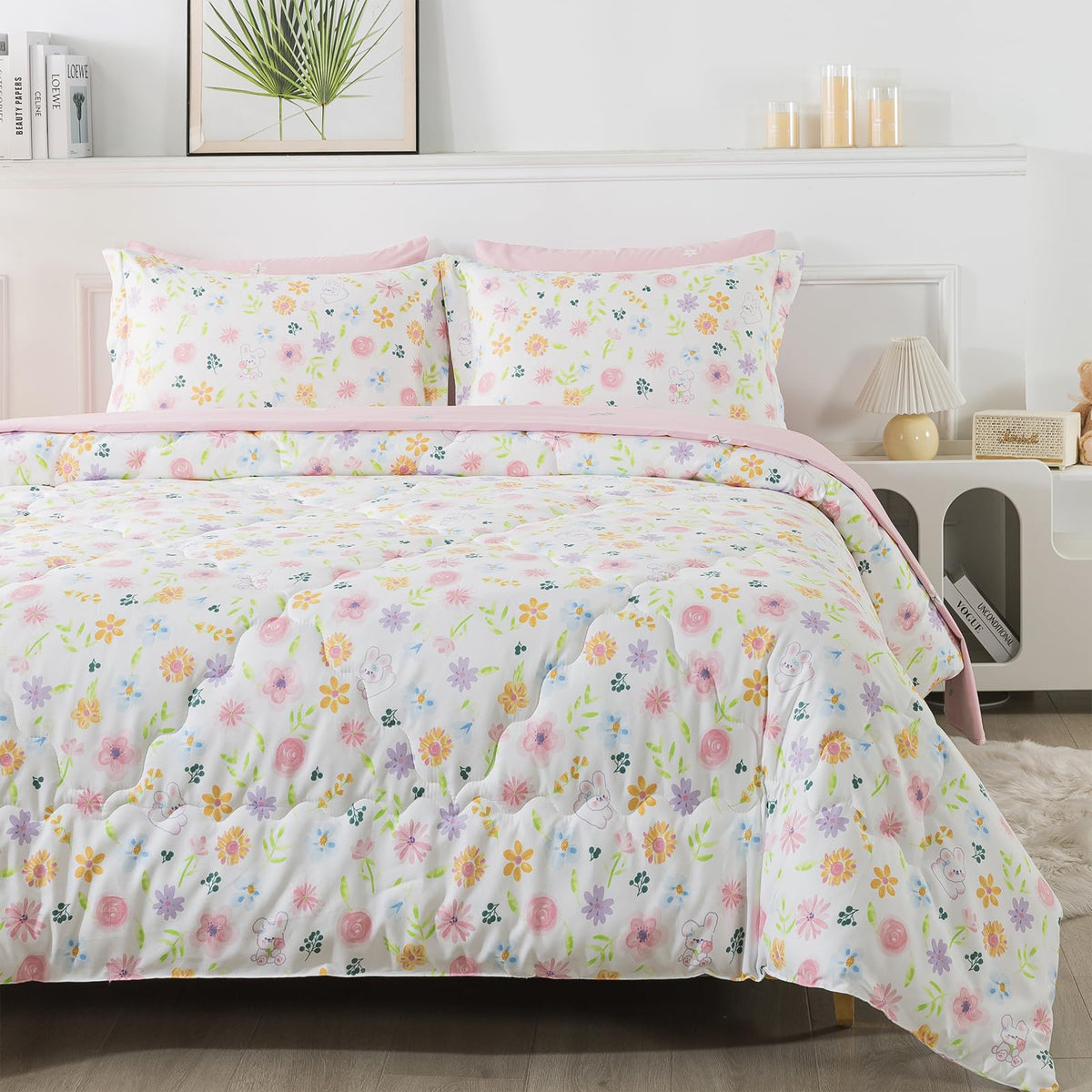 Wajade Floral Comforter Set Bed in A Bag Queen Size 7 Piece Botanical Flower Green Leaves Rabbits Bedding Set for Girls (1 Comforter, 1 Flat Sheet, 1 Fitted Sheet, 2 Pillowcase and 2 Pillow Sham)