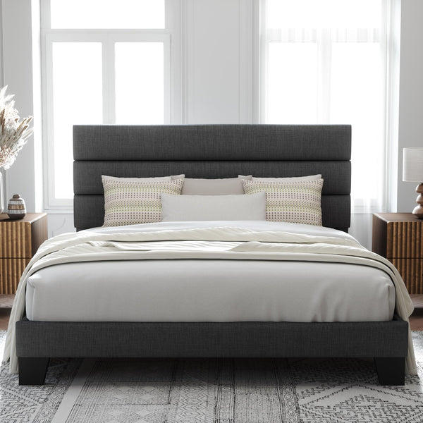 Allewie Full Size Platform Bed Frame with Fabric Upholstered Headboard and Wooden Slats Support, Fully Upholstered Mattress Foundation/No Box Spring Needed/Easy Assembly, Beige