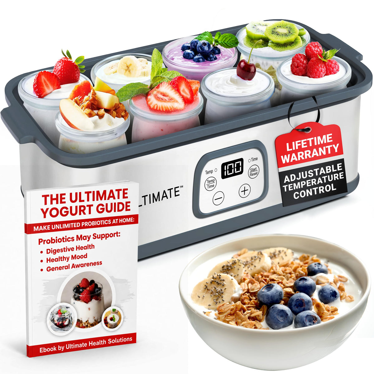 Ultimate Probiotic Yogurt Maker with Adjustable Temperature & Time Control - Make Trillions of Live Probiotics & Get Better Gut Health - ULTIMATE LIFETIME WARRANTY - Wellness Gifts for Men & Women