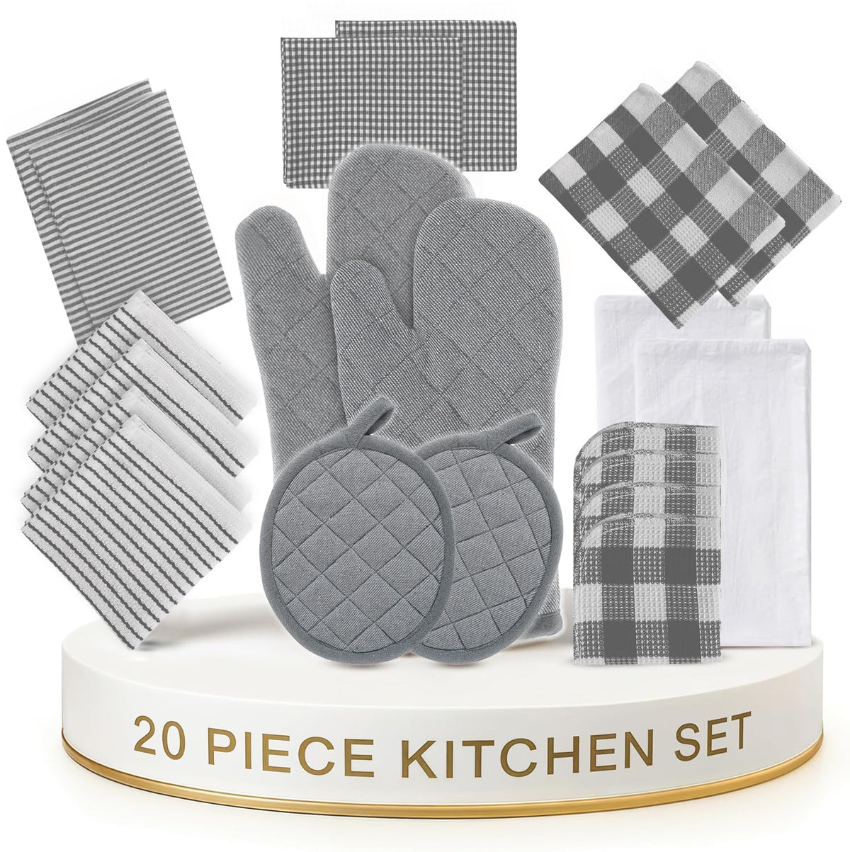 Lane Linen Kitchen Towels and Dishcloths Sets - 20 Pc Kitchen Essentials for New Home, Heat Resistant Oven Mitts & Pot Holder, Absorbent Flour Sack Dish Towels, Dish Towels for Kitchen - Black