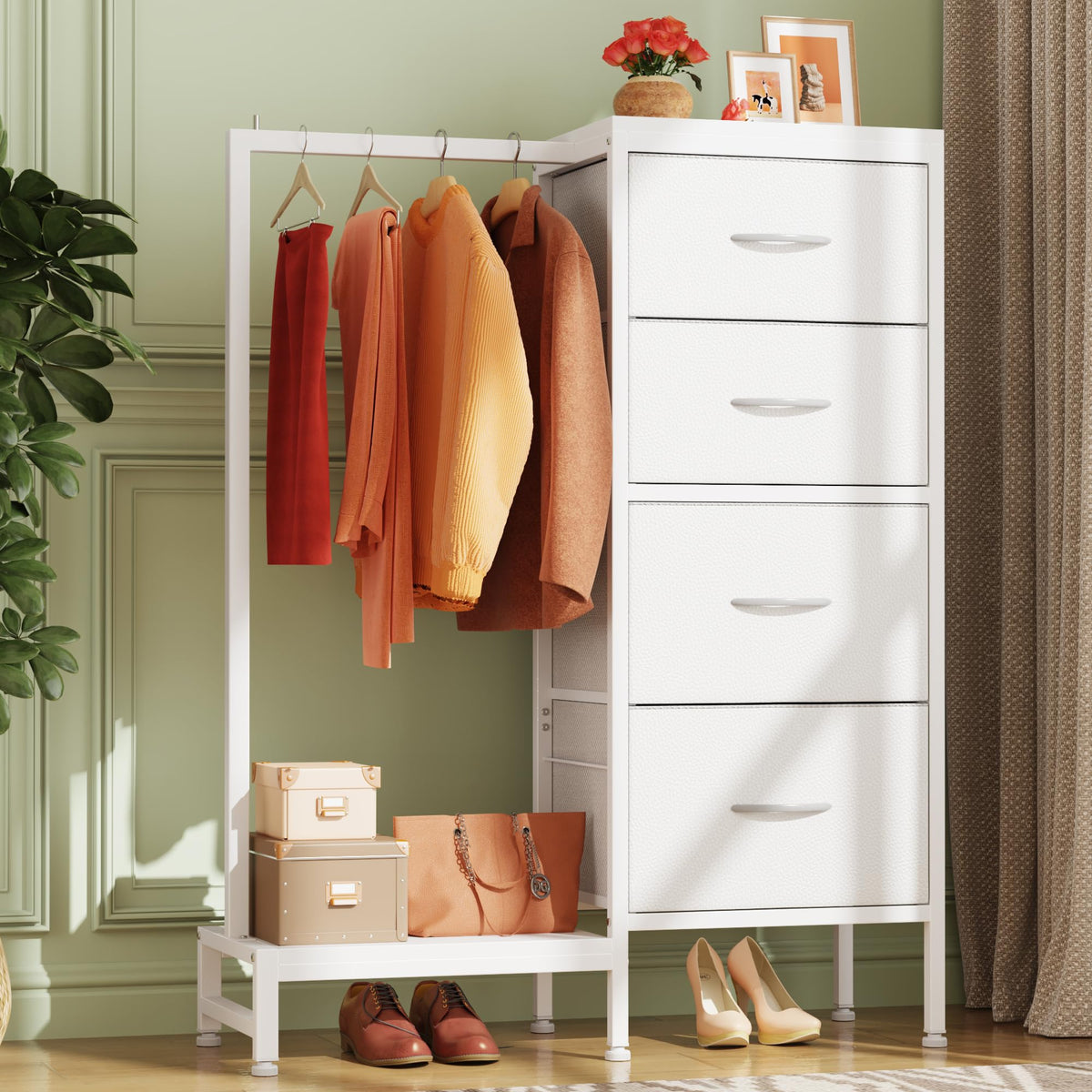 HIGDBFE Dresser with Hanging Rack, 4 Drawers Small Closet for Bedroom, Reversible Fabric Chest of Drawers with Clothes Rack, Tall Storage Tower, Sturdy Frame, Black, 44''H