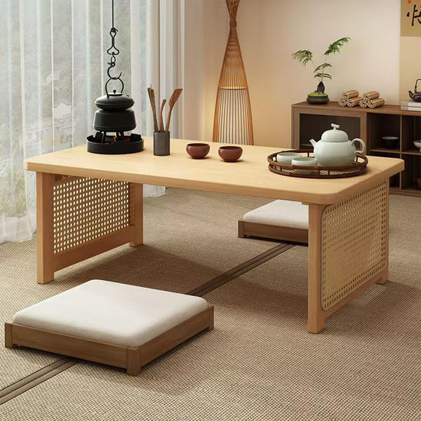 Japanese Coffee Table Rattan Low Table Folding Floor Table Tatami FoldableTable for Living Room, Home, Office (Wood Color, 41.3 * 20.5 * 3.8 Inch)