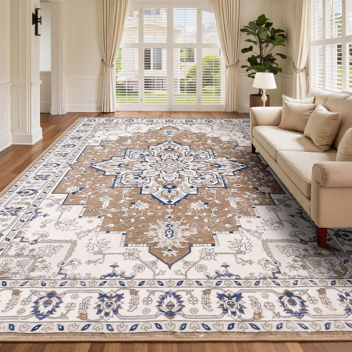 Rugflix 8x10 Washable Area Rugs for Living Room, Soft Low-Pile, Non-Slip & Stain Resistant Carpet, Vintage Taupe Brown Rug for Bedroom, Dining Room, Home Office, Farmhouse
