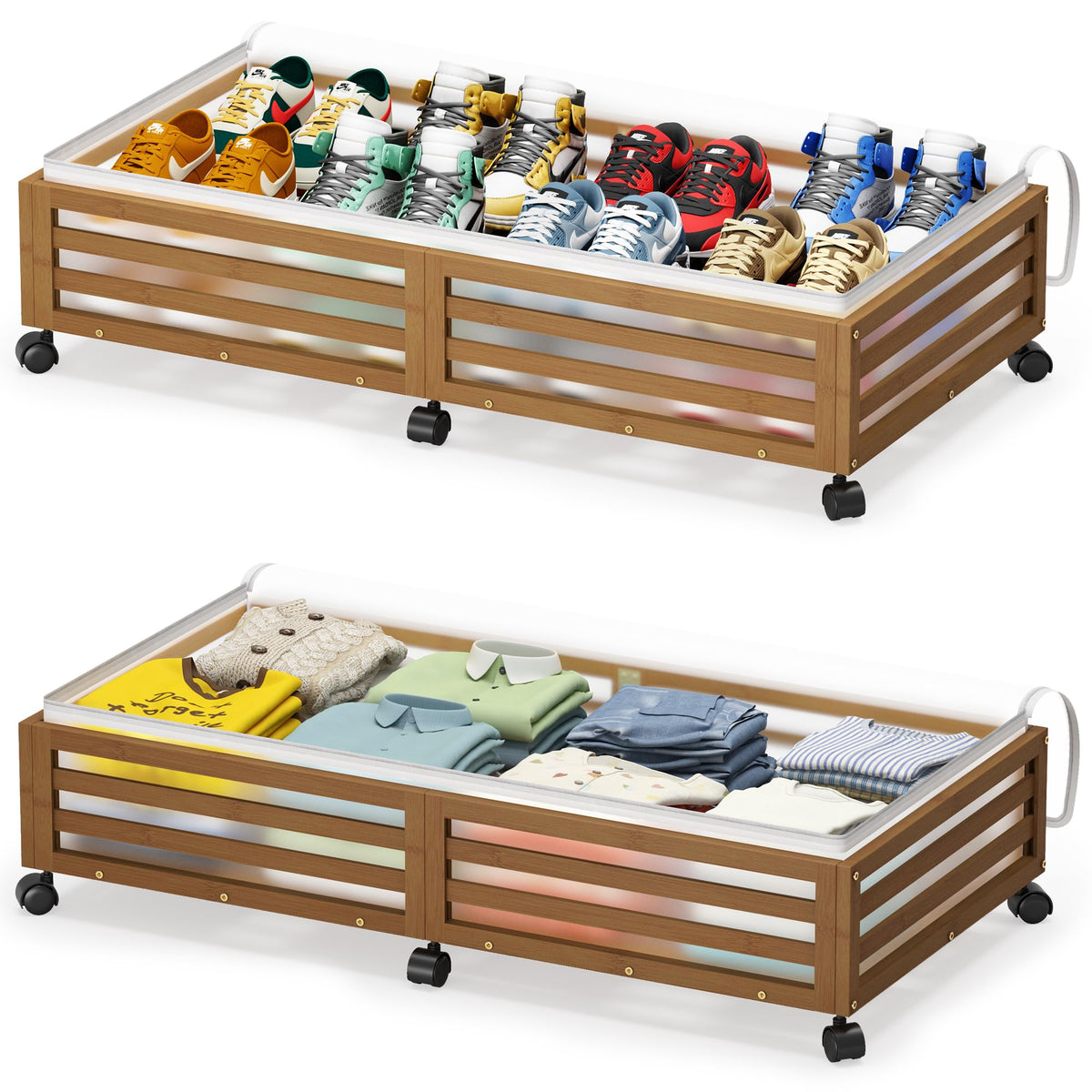 Under Bed Storage Containers With Wheels - 2 Pcs Large Bamboo Wood Rolling Underbed Shoe Storage Bins With Dust Bags for Clothes Blankets, Duvet Covers Snacks Toys (Walnut)
