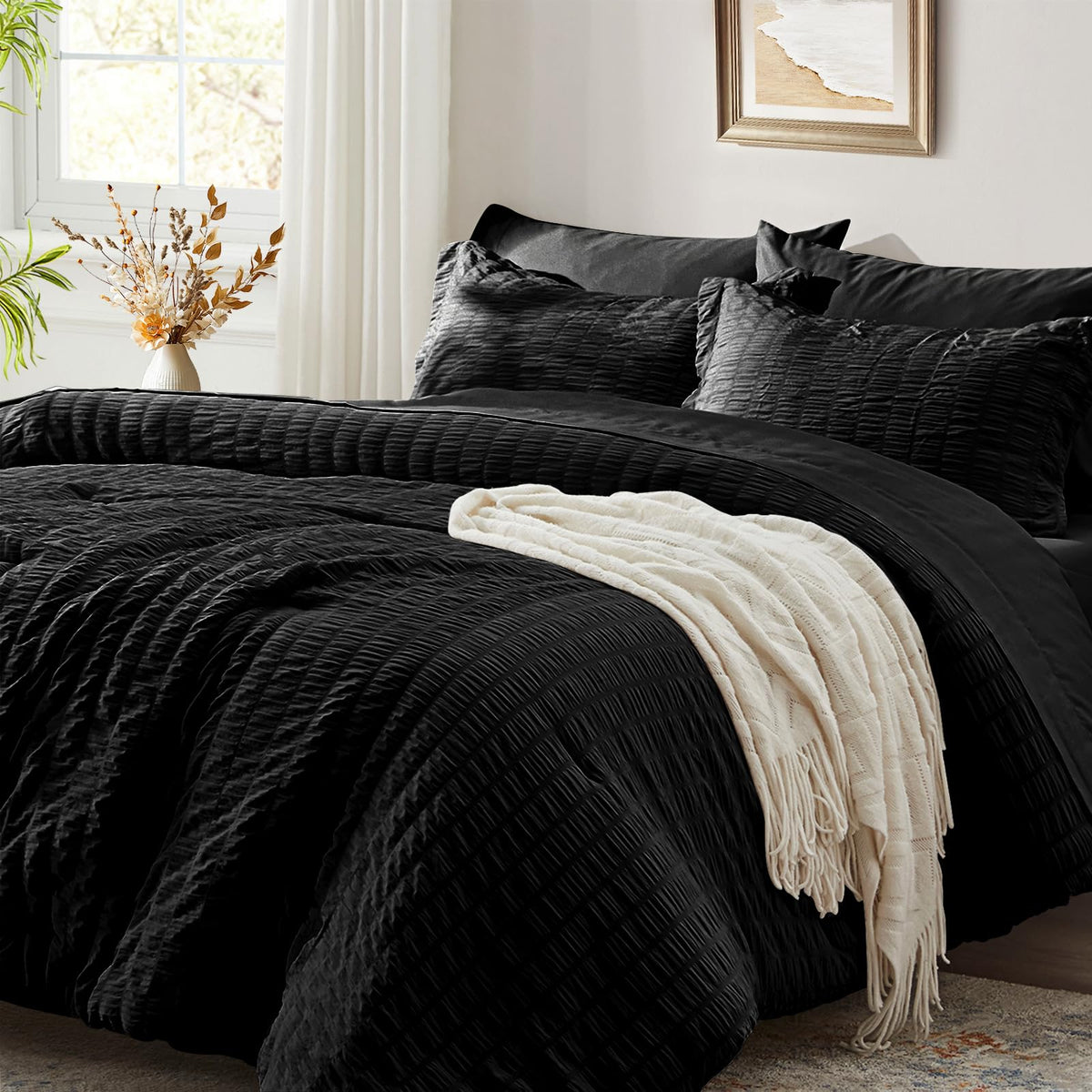 Zzlpp Twin Comforter Set 5 Pieces, White Seersucker Bed in a Bag with Comforter and Sheets, All Season Bedding Sets with 1 Comforter, 1 Pillow Sham, 1 Pillowcase, 1 Flat Sheet