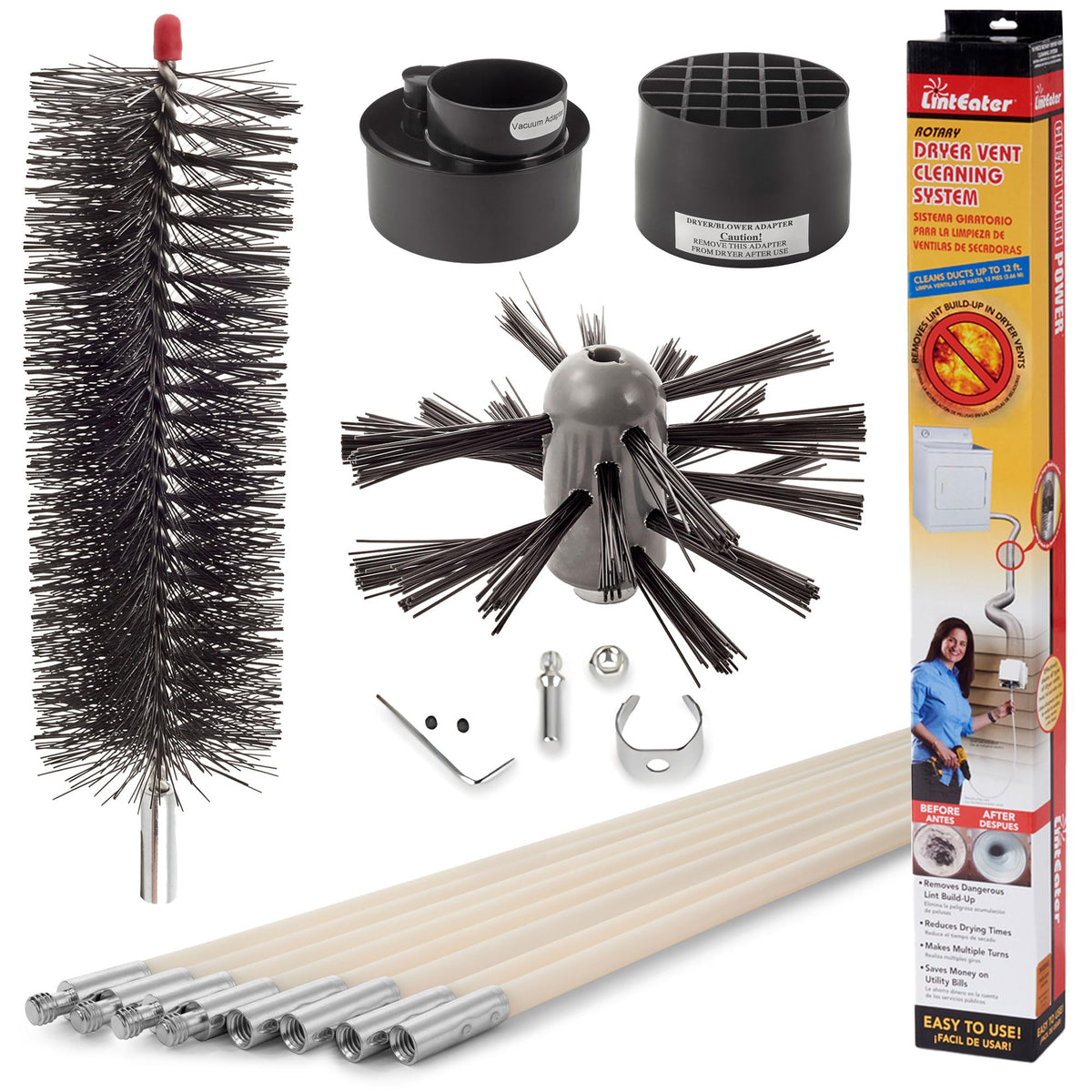 Dryer Vent Duct Cleaning Kit - Gardus RLE42 LintEater Rotary Dryer Vent Cleaner Kit, Removes Lint, Dryer Vent Cleaning System Extends Up to 42’ with 14 Flexible 3' Rods, Air Duct Cleaning Tools