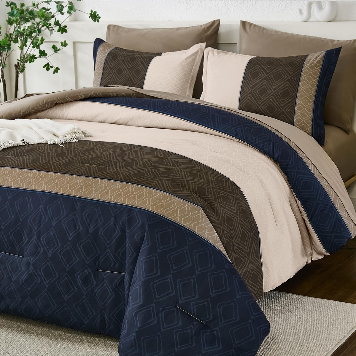 Dinjoy Boho Queen Comforter Set Navy Brown,7 Piece Bed in a Bag Queen Size Warm Striped Dark Blue Bedding Sets Plaid Fall Comforters Set with Sheets for Family All Season