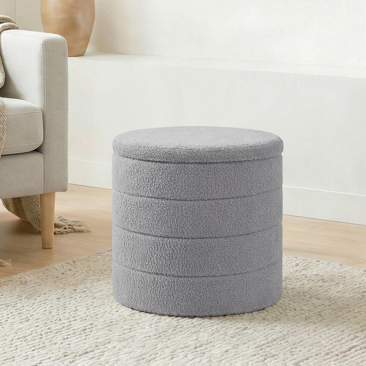 Round Ottoman with Storage, Boucle Ottoman Coffee Table, Foot Rest Footstool for Hallway, Living Room, Bedroom-Cream White