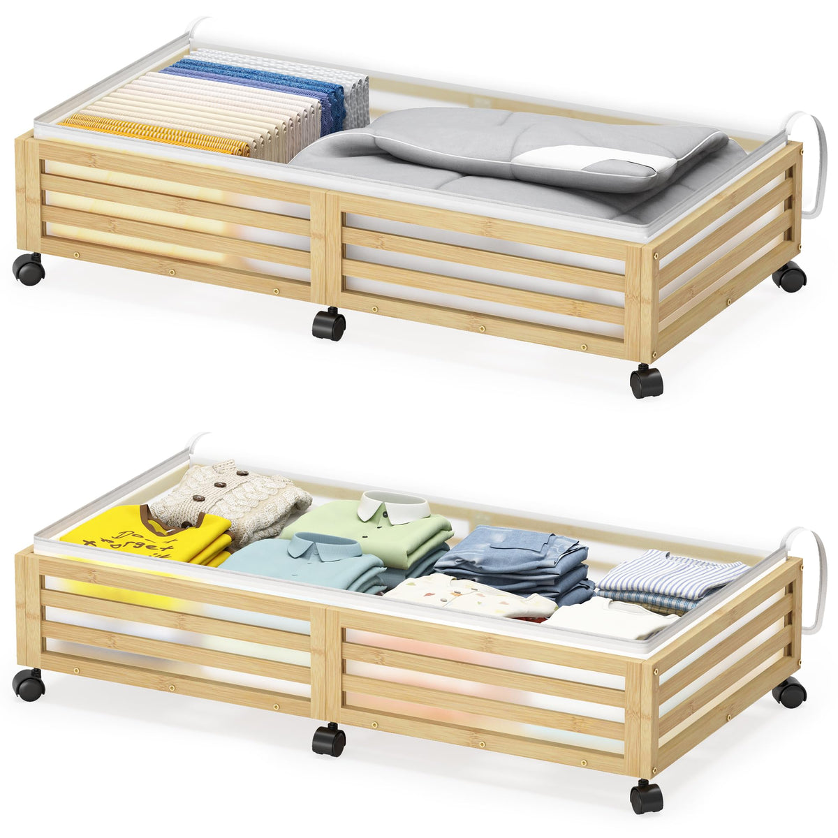 Under Bed Storage Containers With Wheels - 2 Pcs Large Bamboo Wood Rolling Underbed Shoe Storage Bins With Dust Bags for Clothes Blankets, Duvet Covers Snacks Toys (Walnut)
