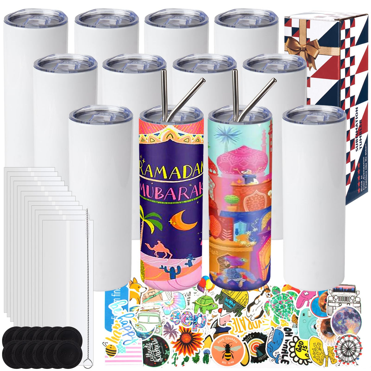 12 Pack 20 oz Sublimation Tumbler Set Double Walled Stainless Steel Skinny Straight Blank Tumbler Sublimation Cup with Lid, Straw, Shrink Wrap, Rubber Base for Heat Transfer Heat Press