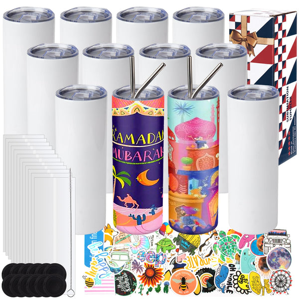 12 Pack 20 oz Sublimation Tumbler Set Double Walled Stainless Steel Skinny Straight Blank Tumbler Sublimation Cup with Lid, Straw, Shrink Wrap, Rubber Base for Heat Transfer Heat Press