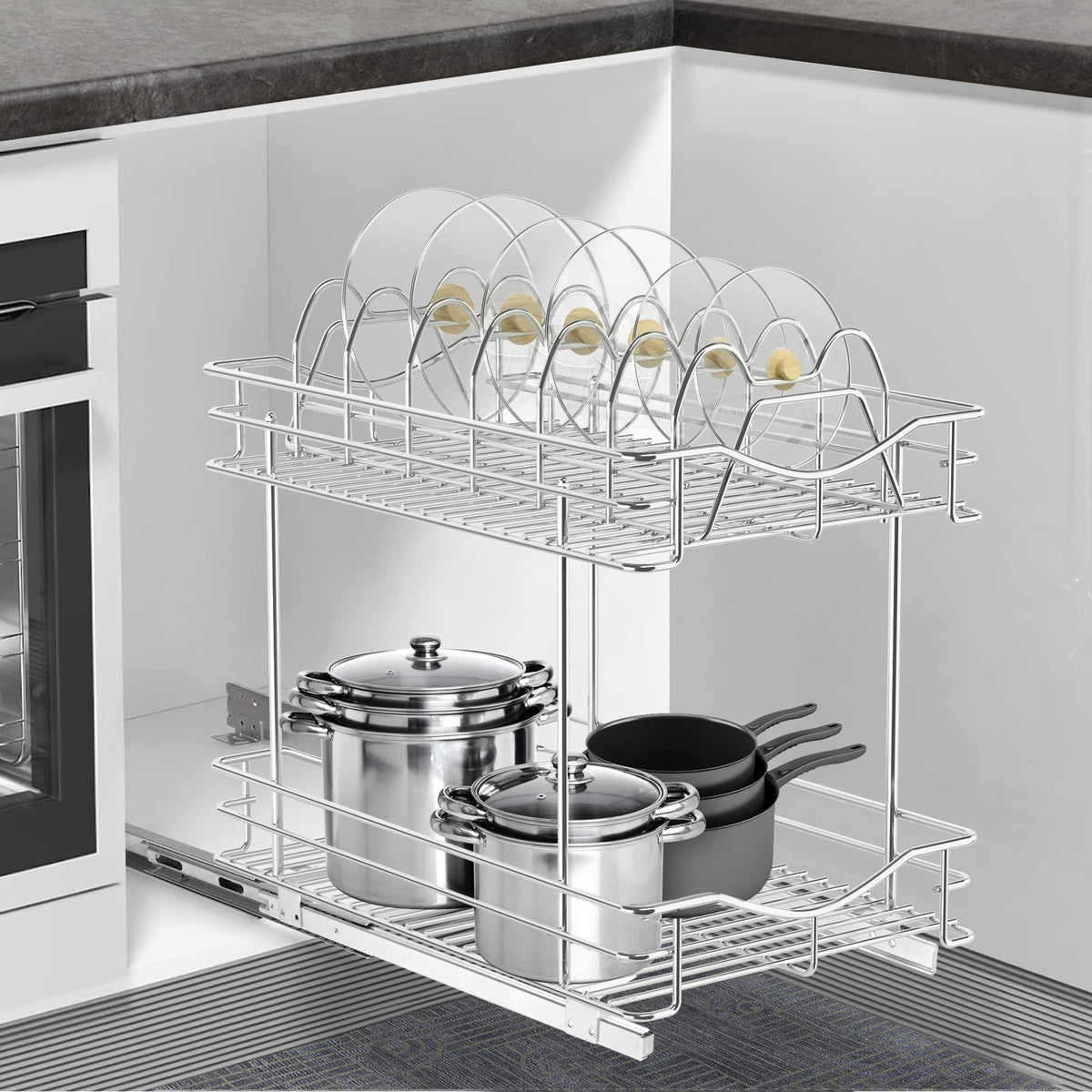 FULGENTE Pull Out Cabinet Pots and Pans Organizer 11" W x 18" D 2 Tier Wire Basket for Lid Cookware Drawer Slide Out Kitchen Cupboard Organization Shelves Shelf for Pantry Roll Out Storage, Chrome