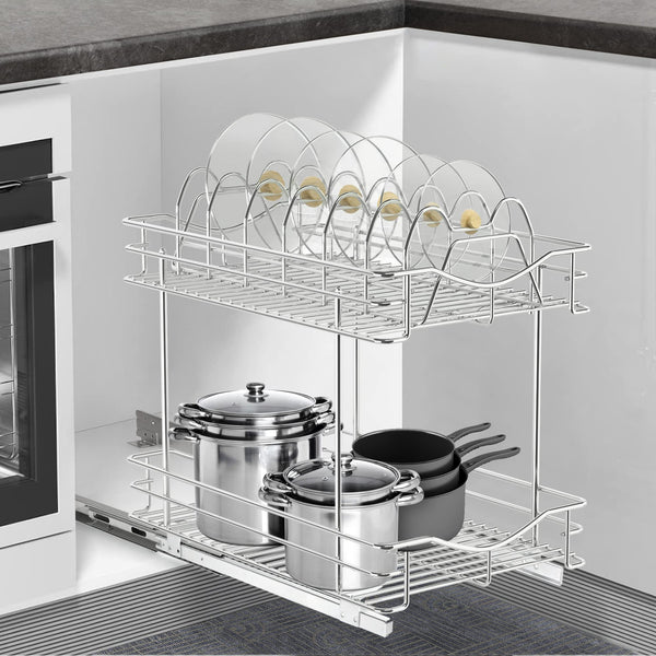 FULGENTE Pull Out Cabinet Pots and Pans Organizer 11" W x 18" D 2 Tier Wire Basket for Lid Cookware Drawer Slide Out Kitchen Cupboard Organization Shelves Shelf for Pantry Roll Out Storage, Chrome