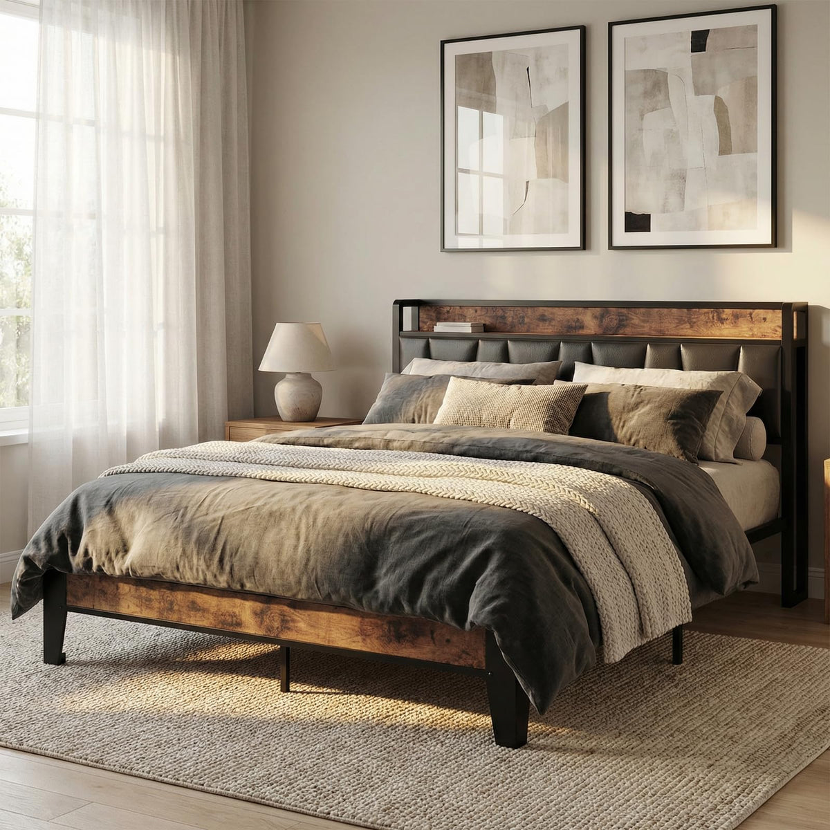 LIKIMIO Full XL Bed Frame, Storage Headboard with Charging Station, Solid and Stable, Noise Free, No Box Spring Needed, Easy Assembly(Vintage and Black)