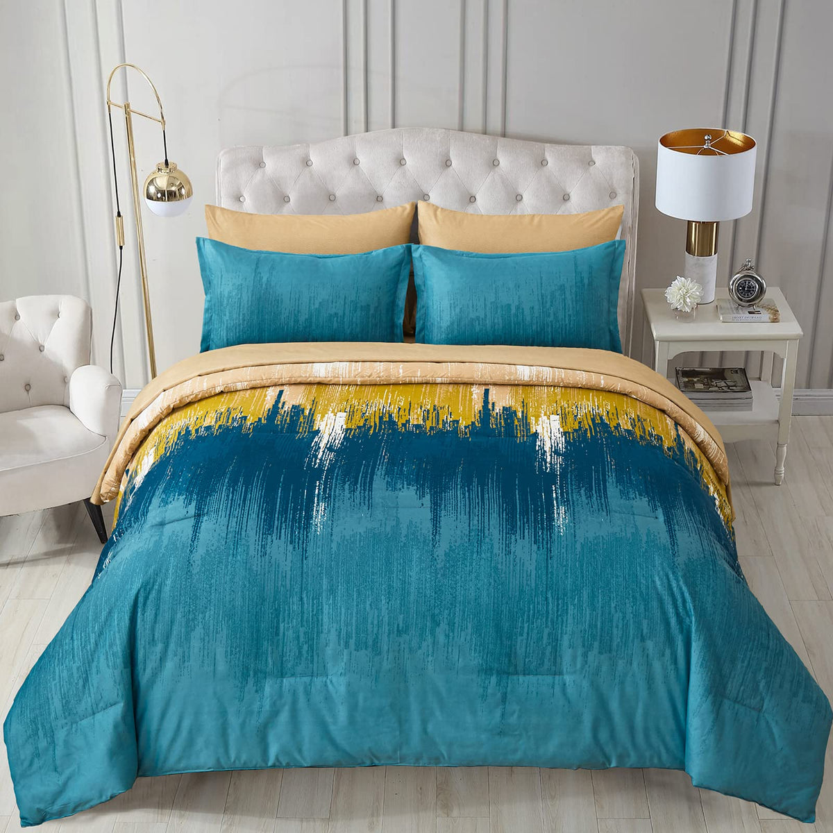 WONGS BEDDING Comforter Set King, Teal Green 7 Pieces Bed in a Bag Colorful Abstract Art Gradient Comforter Soft Microfiber Bedding Set with Comforter, Flat Sheet,Fitted Sheet,Pillow Shams,Pillowcases
