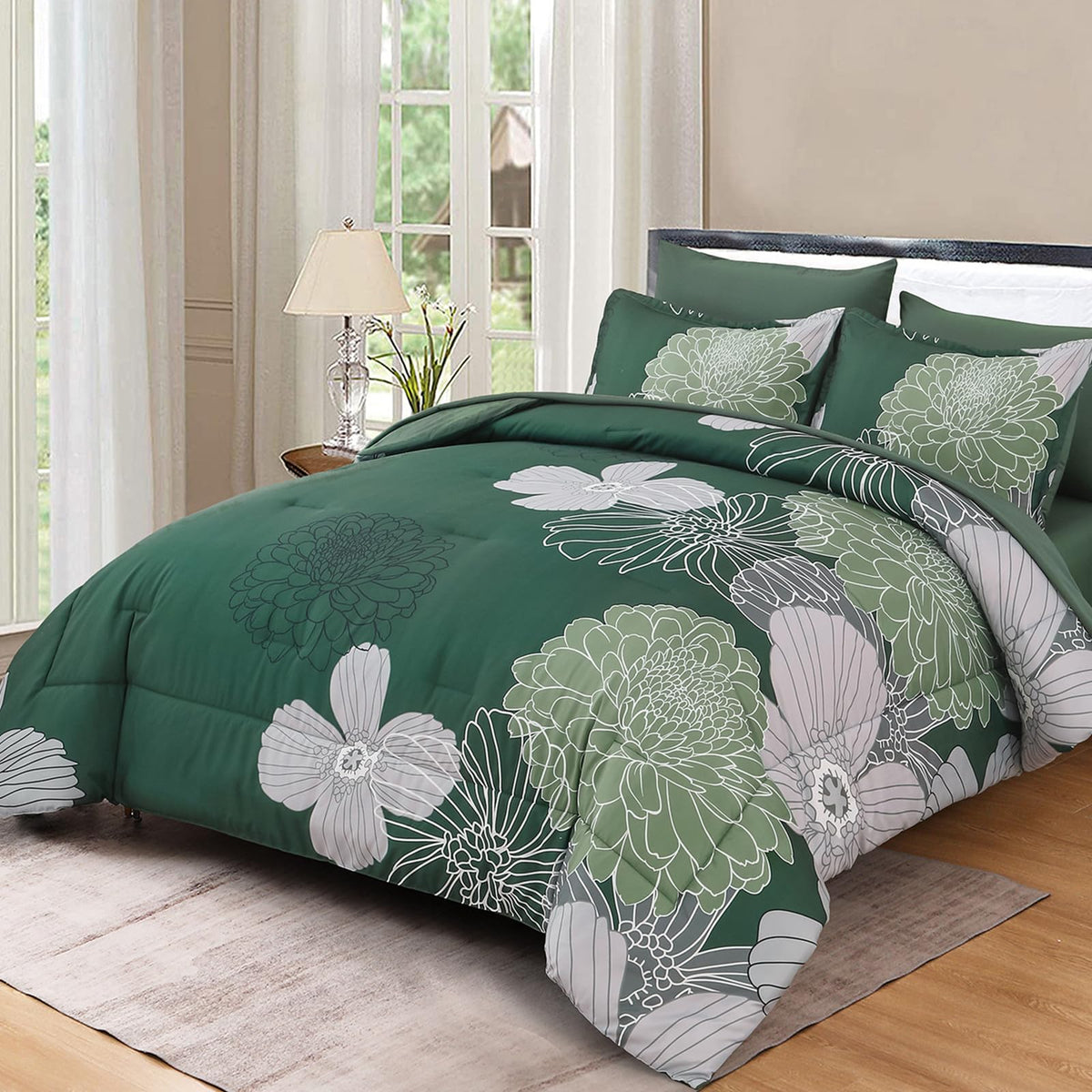 Yiran Grey Pink Comforter King Size 7 Pieces Floral Bed in a Bag Comforter Set Soft Microfiber Bedding Sets for All Season with Flat Sheet Fitted Sheets Pillowcases & Pillowshams