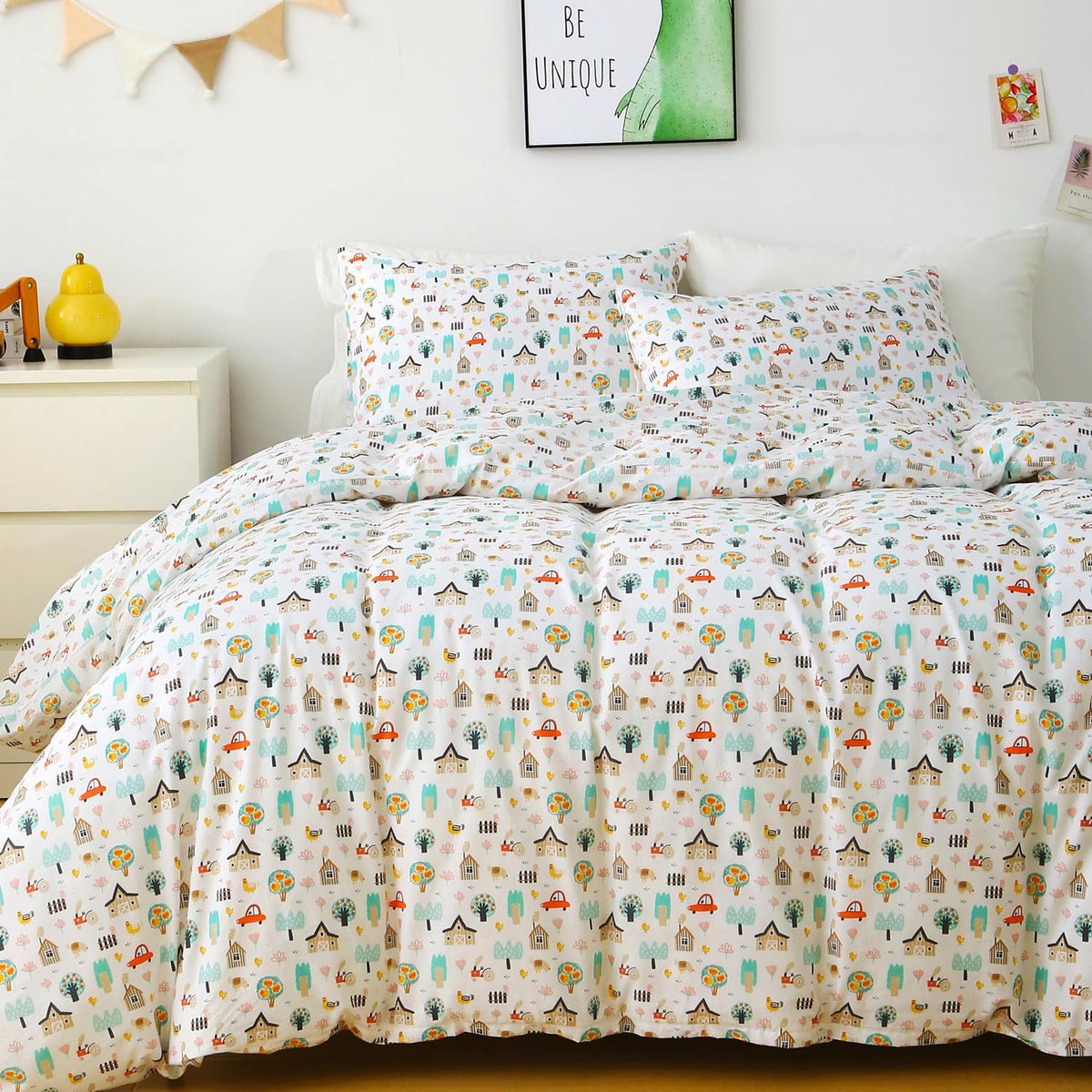 Ivellow 100% Cotton Queen Duvet Cover Set, Cartoon Dog Puppy Patterned Kids Duvet Cover for Boys Girls Soft Bedding Sets 3Pcs White Comforter Cover with Zipper Closure 2 Pillowcases, (No Comforter)