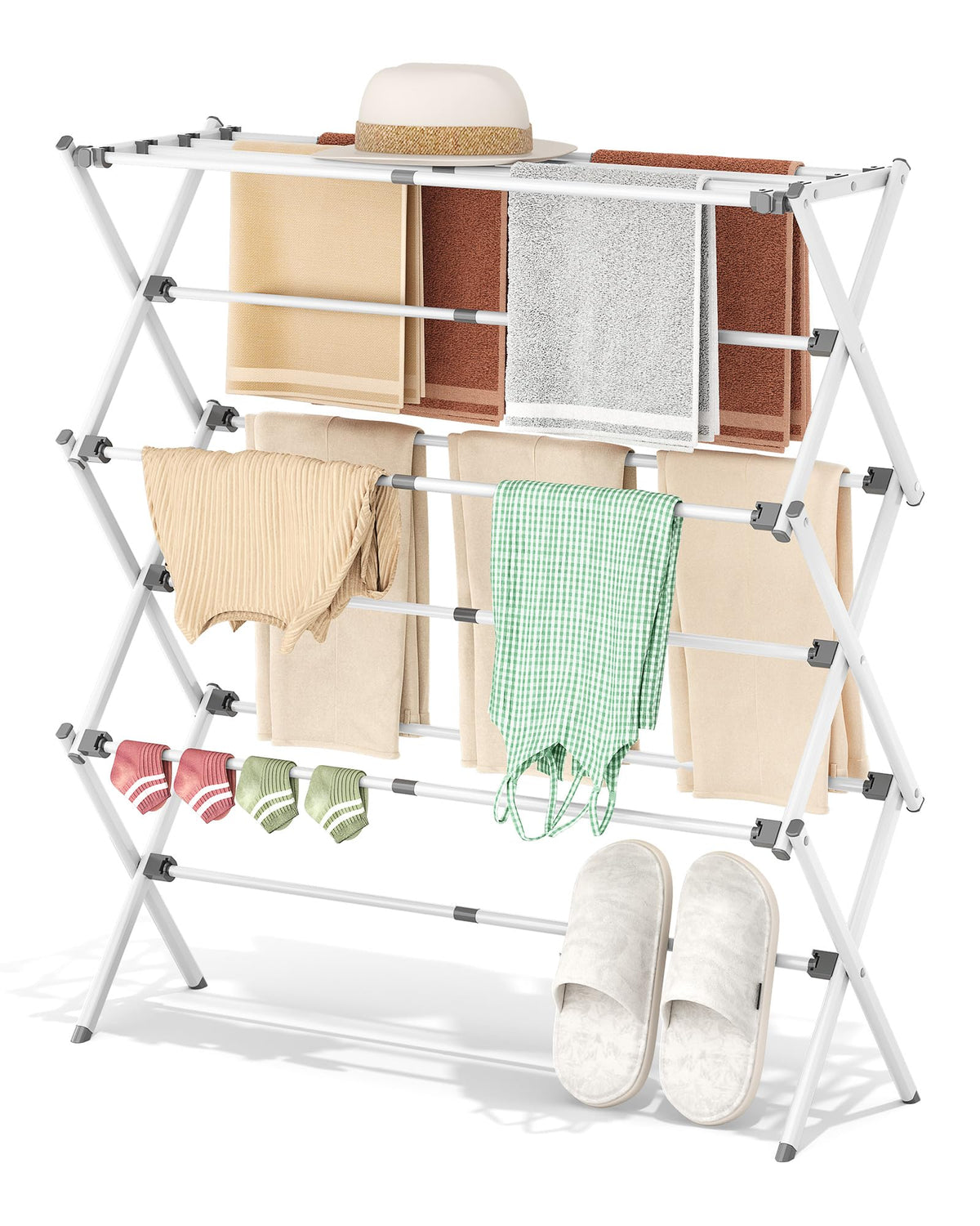APEXCHASER Clothes Drying Rack, Expandable Drying Rack Clothes, Collapsible 3 Tiers Foldable Laundry Rack Indoor, for Baby Clothe Towels Bibs, White, 39.97inch