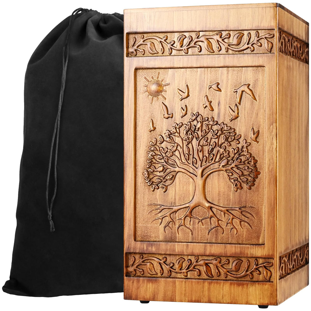 Hand Carved Wooden Urn for Human Ashes Adult, Tree of Life Burial Urn for Cremation Ashes Men Women & Large Pets, Keepsake Urn Box with Velvet Bag, Pine Wood, 250lbs