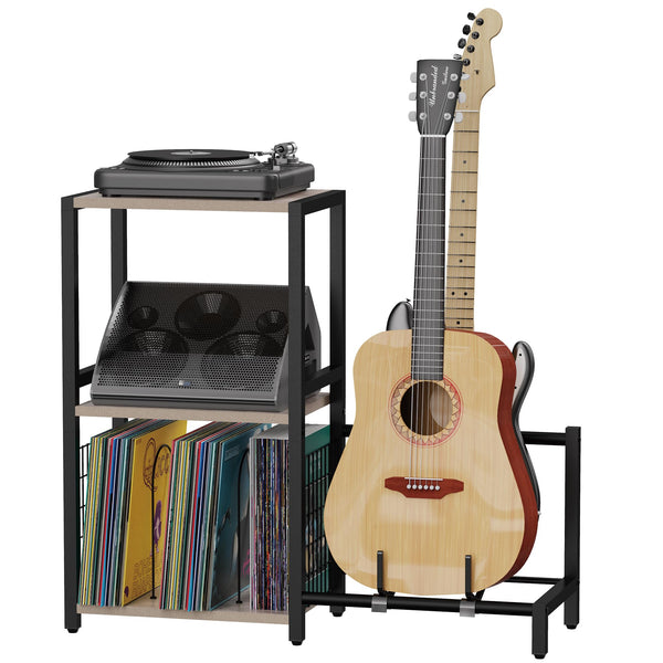 YAKANJ End Table with Guitar Stand,Record Player Stand,Vinyl Records Storage,2-Tier Guitar Stand for Acoustic,Turntable Stand for Music Studio,Grey