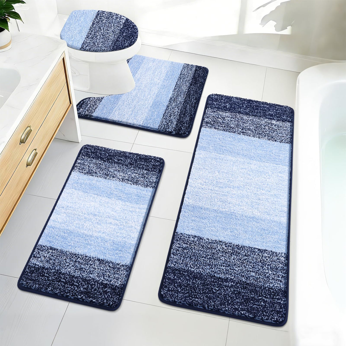 Bsmathom Bathroom Rugs Sets 4 Piece, Soft Absorbent Microfiber Bath Rugs with U-Shaped Contour Toilet Rug and Toilet Lid Cover, Thick Non-Slip Plush Shaggy Bath Mat Set,Grey