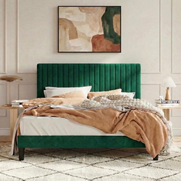 SHA CERLIN Queen Upholstered Platform Bed Frame with Vertical Channel Tufted Velvet Fabric Adjustable Headboard, Wooden Slats Support, Mattress Foundation, Box Spring Optional, Grey