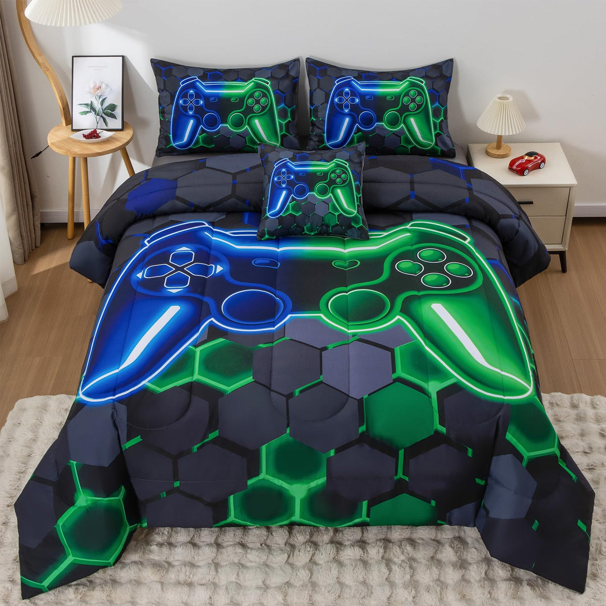 6Pcs Game Console Comforter Set with Sheets for Boys Girls Kids Teens, Geometric Gaming Themed Bed in A Bag Full Size, Blue 3D Video Gamer Controller Bedroom Decor Bedding Set