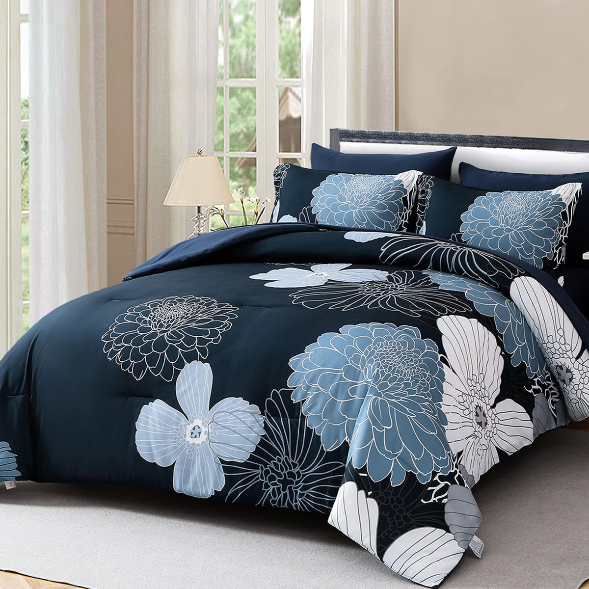 Yiran Grey Pink Comforter King Size 7 Pieces Floral Bed in a Bag Comforter Set Soft Microfiber Bedding Sets for All Season with Flat Sheet Fitted Sheets Pillowcases & Pillowshams