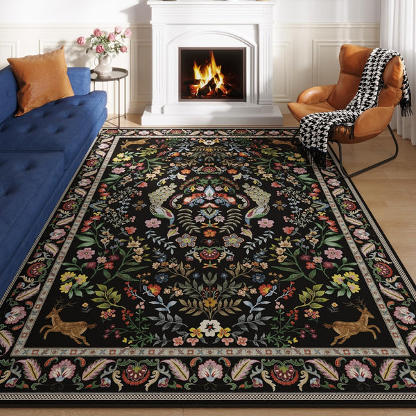 Living Room Rug 6x9 Rug Machine Washable Area Rug Floral Non-Slip Low Pile Large Rug for Living Room, Bedroom, Farmhouse, Dining Room, Kids Playroom (Vibrant Black)