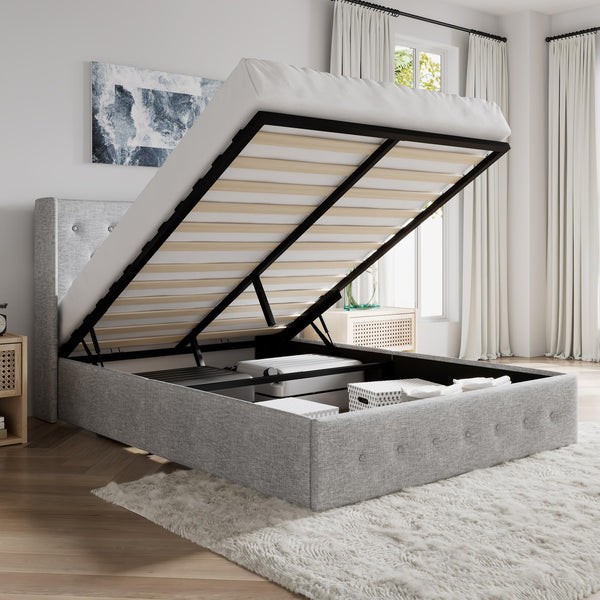 SHA CERLIN Full Size Lift Up Storage Bed/Modern Wingback Headboard/Upholstered Platform Bed Frame/Hydraulic Storage/No Box Spring Needed/Wood Slats Support/Light Grey