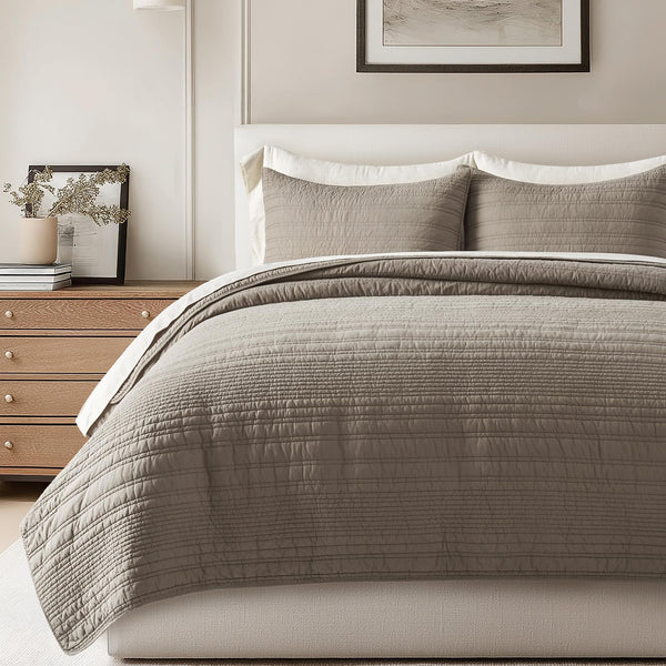 EVERGRACEHOME 100% Cotton Modern Lines Quilt Set Queen Size, Pre-Washed Soft Striped Coverlet Bedspread, 3 Piece Lightweight Bedding Set for All Season, with 2 Pillow Shams, Olive Green