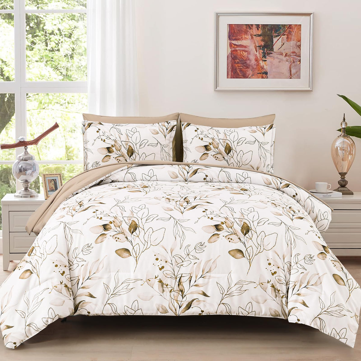 Grey 7 Pieces Grey Floral Comforter Set King, Botanical Bed in a Bag Reversible Golden Leaves Bedding Set Soft Microfiber King (1 Comforter,2 Pillowcase,2 Pillow Shames,1 Flat Sheet,1 Fitted Sheet)