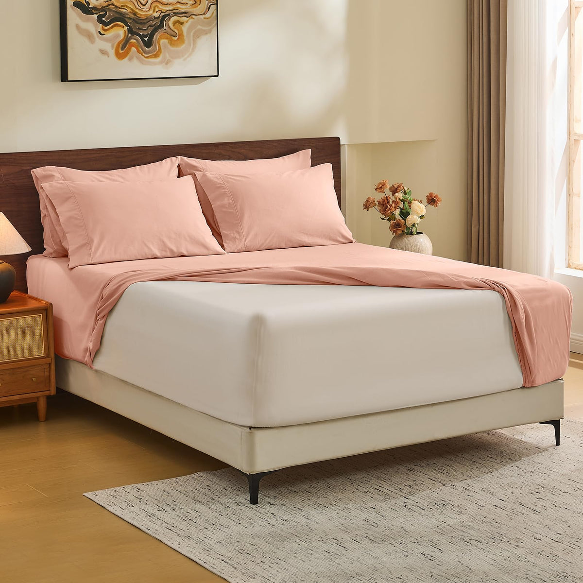 MEISHANG 100% French Pure Linen Sheets California King - Bed Sheets 4 Piece Sets, Soft Durable Flax Linen, Anti-Tear Breathable Moisture Wicking with 16" Deep Pocket (Light Purple)