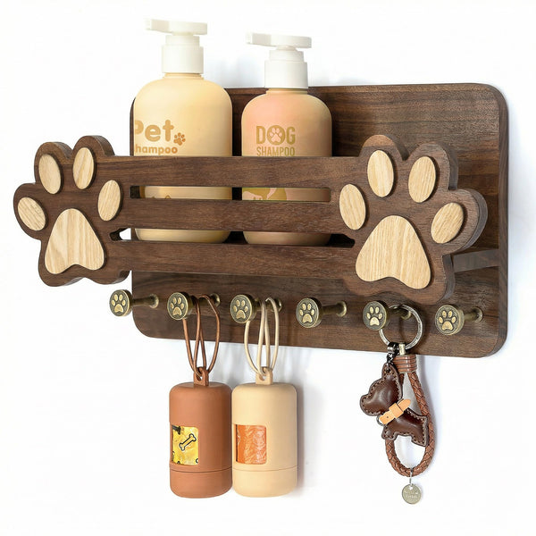 MTERSN Acacia Wood Dog Leash Holder for Wall - Fun Paw Key Holder Wall Mount with Floating Shelf and 6 Hooks- Retro Mail & Dog Accessories Organizer for Room Decor(Dark Acacia Wood)