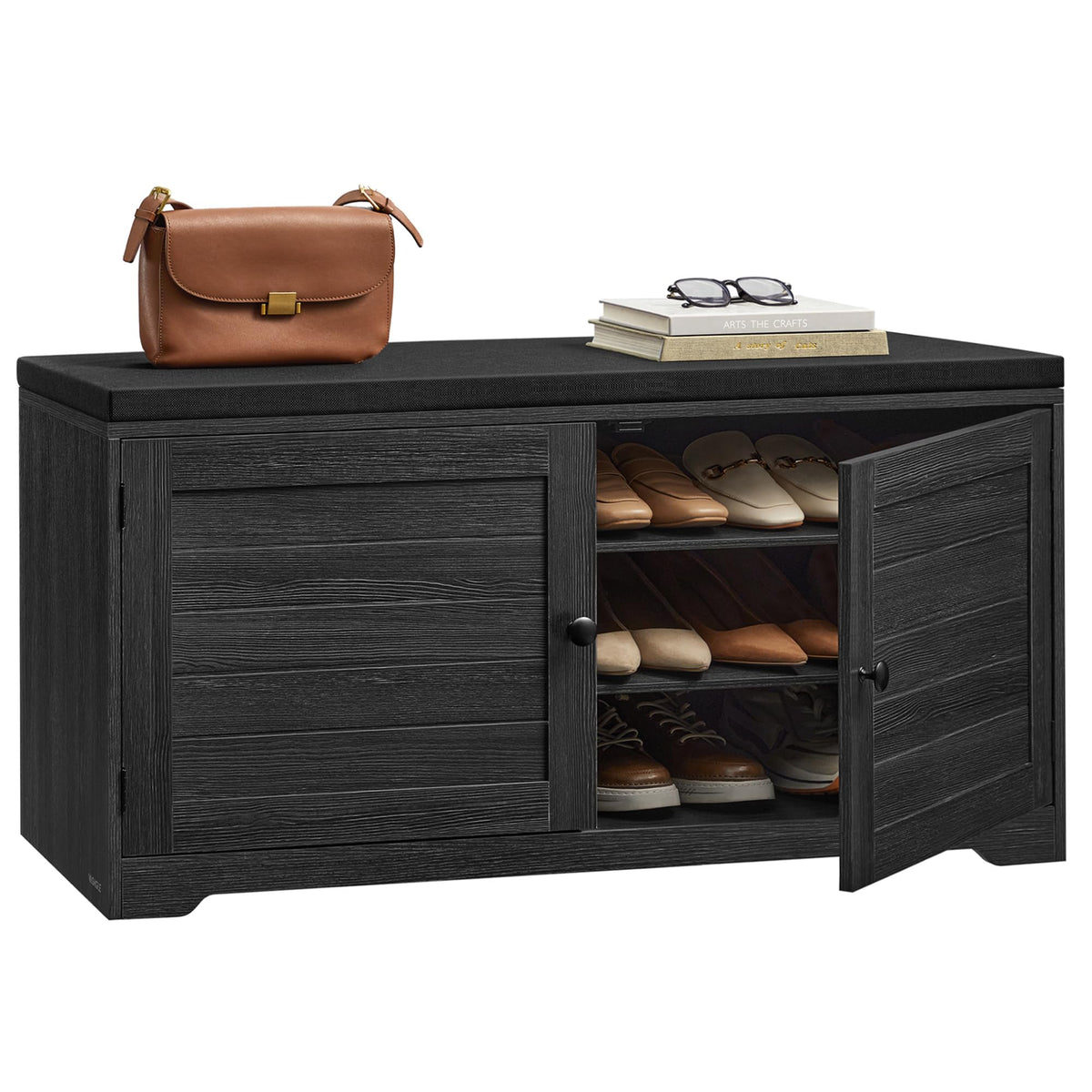 VASAGLE Shoe Storage Bench with Cushion, 3-Tier Entryway Bench with Padded Seat, Doors, Adjustable Shelves, 14 x 39.8 x 20.7 Inches, for Hallway, Bedroom, Charcoal Gray and Ink Black ULSB044B01