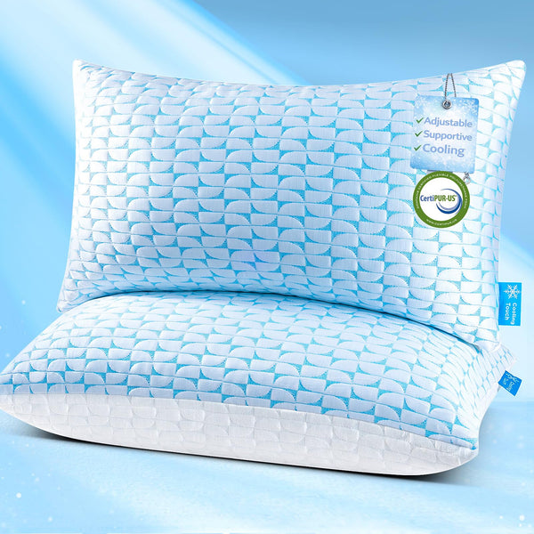 Firm Pillow King Size Pillows Set of 2 Adjustable Shredded Memory Foam, Cooling Pillow for Side Sleeper, Supportive Bed Pillows for Sleeping, Washable Removable Cover, Blue