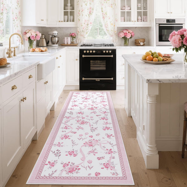 GarveeHome Coquette Pink and White Bow Rugs for Bedroom Girls, Washable Rug 5x7 for Living Room with Soft Low Pile, Floral 5x7 Pink Area Rugs for Dining Room Nursery Playroom Dorm Office Bow Decor
