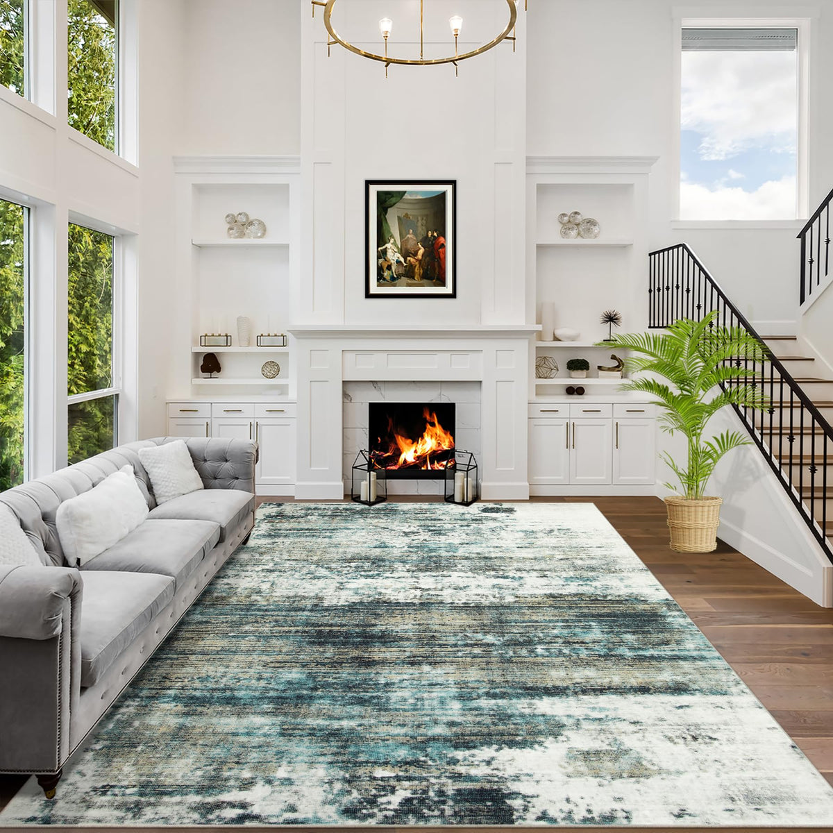 9x12 Area Rugs Washable Rug: Modern Abstract Living Room Rug Soft Anti-Skid Thin Carpet Indoor Floor Non-Shedding Carpets for Bedroom Dining Room Farmhouse Nursery Home Office Black Grey