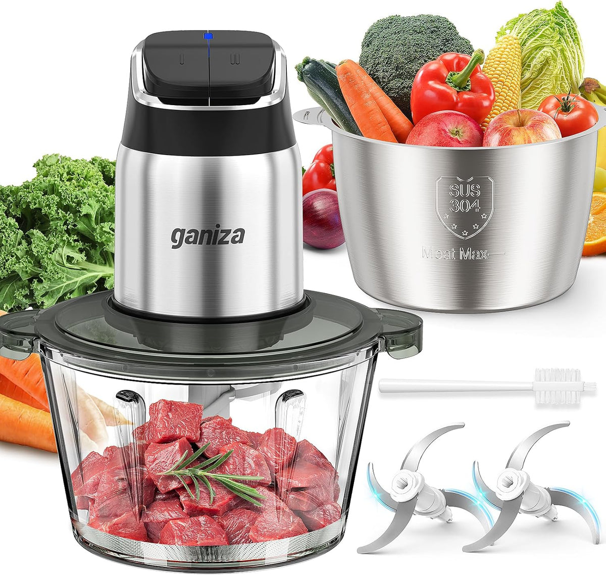 Ganiza - Food processor, meat grinder with glass and stainless steel bowls 8 cups, 450 W 2-speed copper motor and overheat protection light, incl