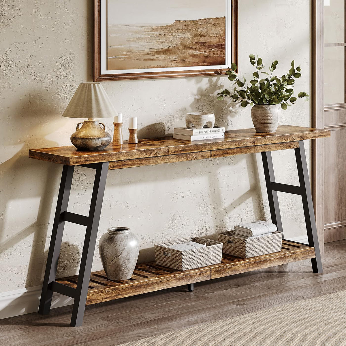 ChooChoo 70.9 Inch Long Console Tables for Entryway, Wood 2-Tier Entry Hallway Table, Narrow Sofa Table Behind Couch Table for Living Room, Entrance, Rustic Brown